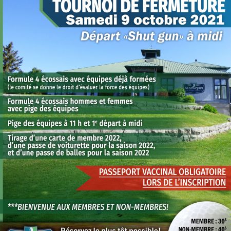TOURNOI DE FERMETURE - Samedi 9 octobre 2021
